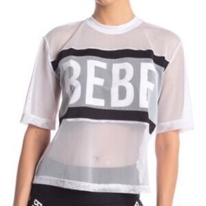 Bebe Sport White Mesh Logo Tee Sheer Athletic Top Women’s Large NWT